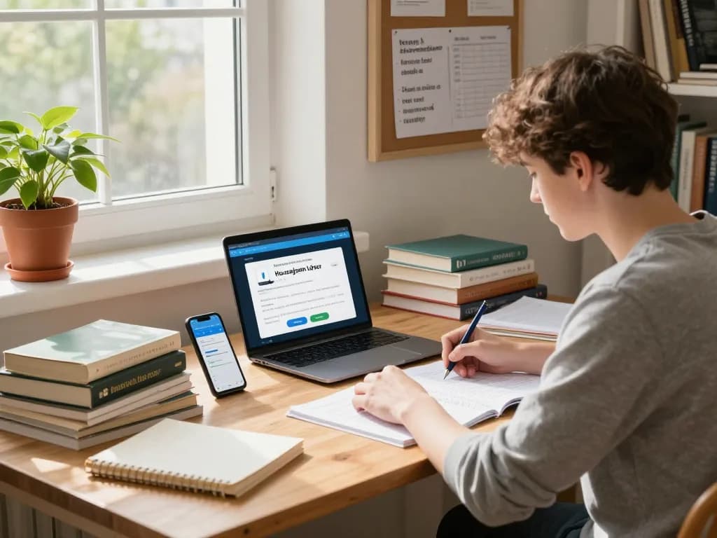 Student nutzt einen Hausaufgaben Löser online in einem gemütlichen Arbeitszimmer zur Unterstützung bei den Hausaufgaben.