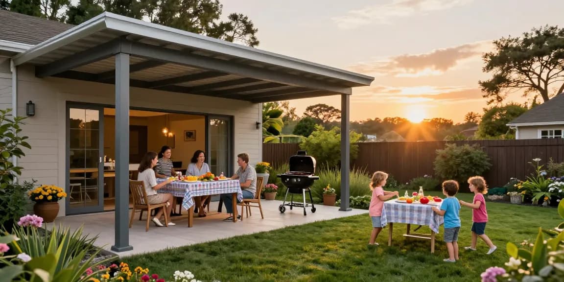 Moderne Terrassenüberdachungen in einem einladenden Garten mit Familie beim Grillen.