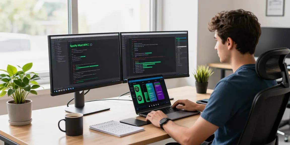 Developer demonstrating spotify mod features in a modern office.