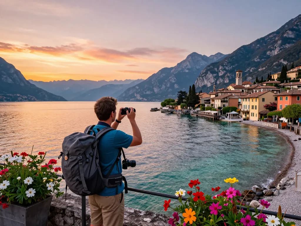 Gardasee Reisetipps: Reisender fängt atemberaubende Sonnenuntergangsansichten und charmante Städte am Gardasee ein.