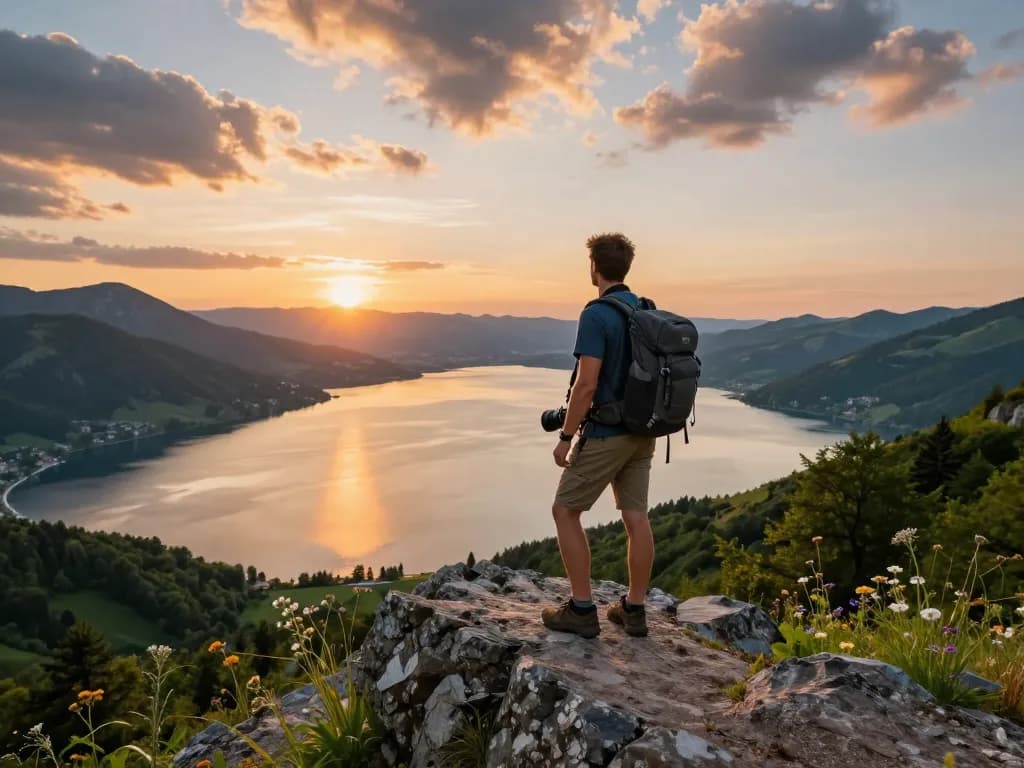 Wunderschöner Sonnenuntergang beim Urlaub am Gardasee mit Reisenden, die den See überblicken