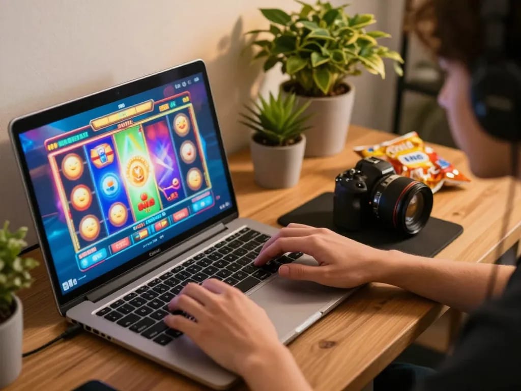 Engaging online gambling experience with PHPVIP, showcasing dynamic gameplay on a laptop in a cozy home setting.