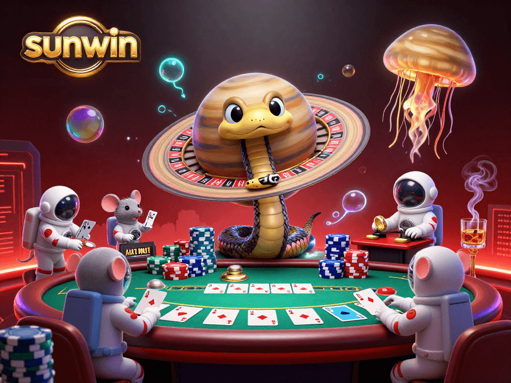 Experience thrilling bets with sunwin in a cosmic live casino with poker, roulette, and vibrant characters.