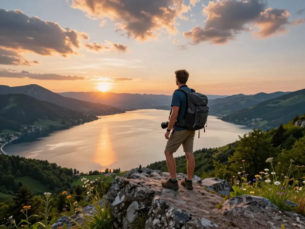 Wunderschöner Sonnenuntergang beim Urlaub am Gardasee mit Reisenden, die den See überblicken