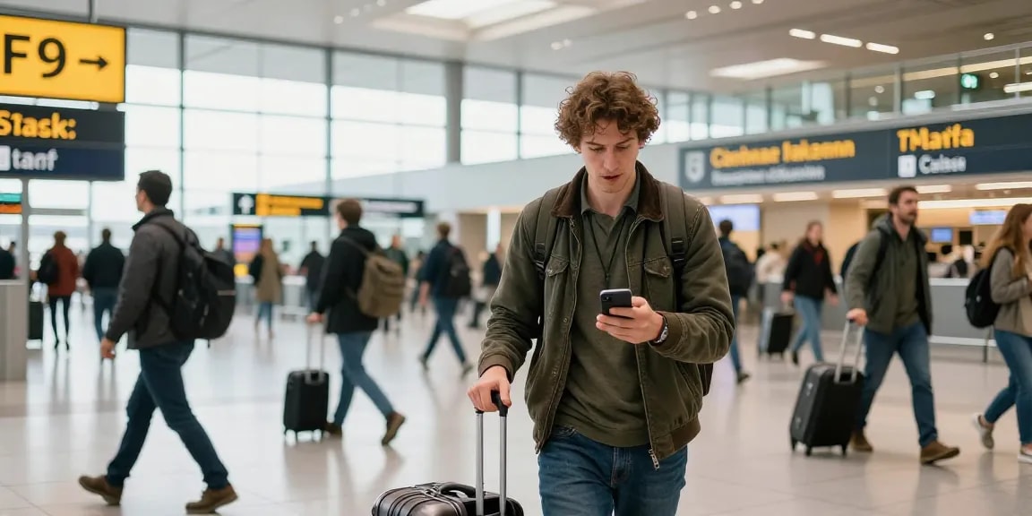 Transfer flughafen Frankfurt scene with a traveler checking their phone while navigating the airport.