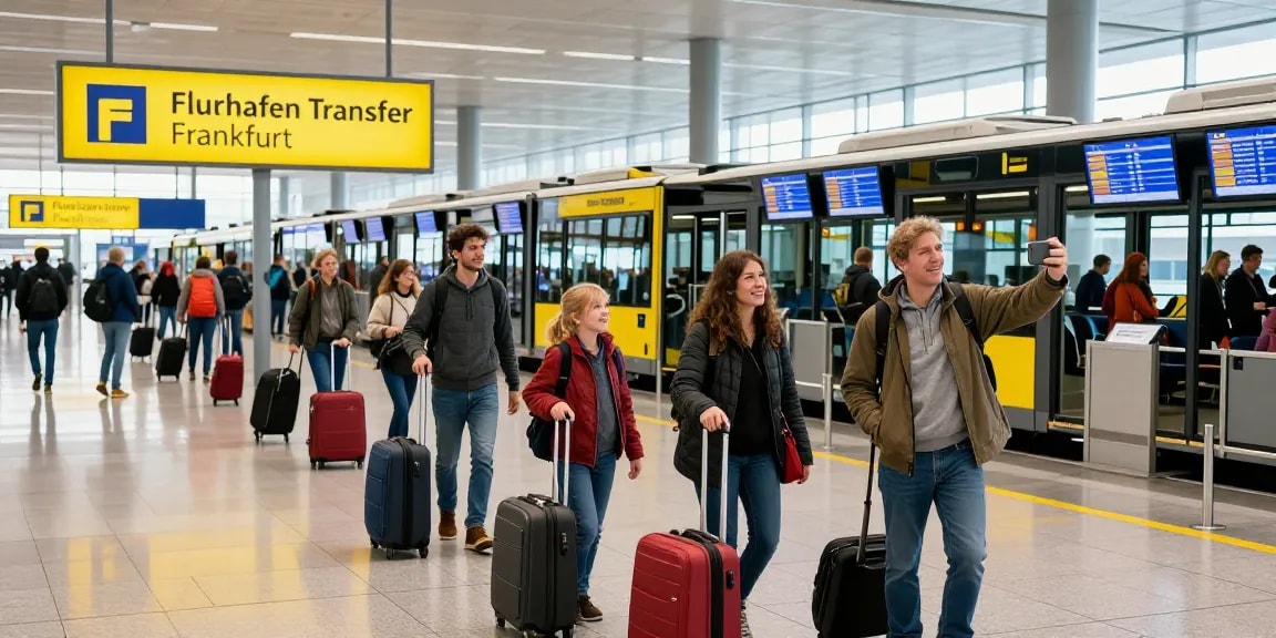 Familie beim Flughafentransfer Frankfurt, fröhliche Gesichter am Abholpunkt.