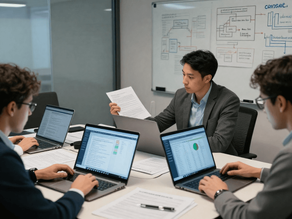 Team collaborating on document fraud detection analysis, showcasing advanced AI tools for verification.
