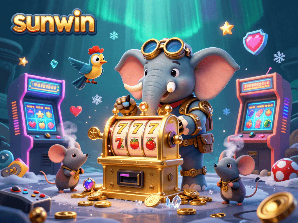 Engage with the vibrant slot adventures of sunwin's steampunk elephant as he spins luck with glowing game machines.