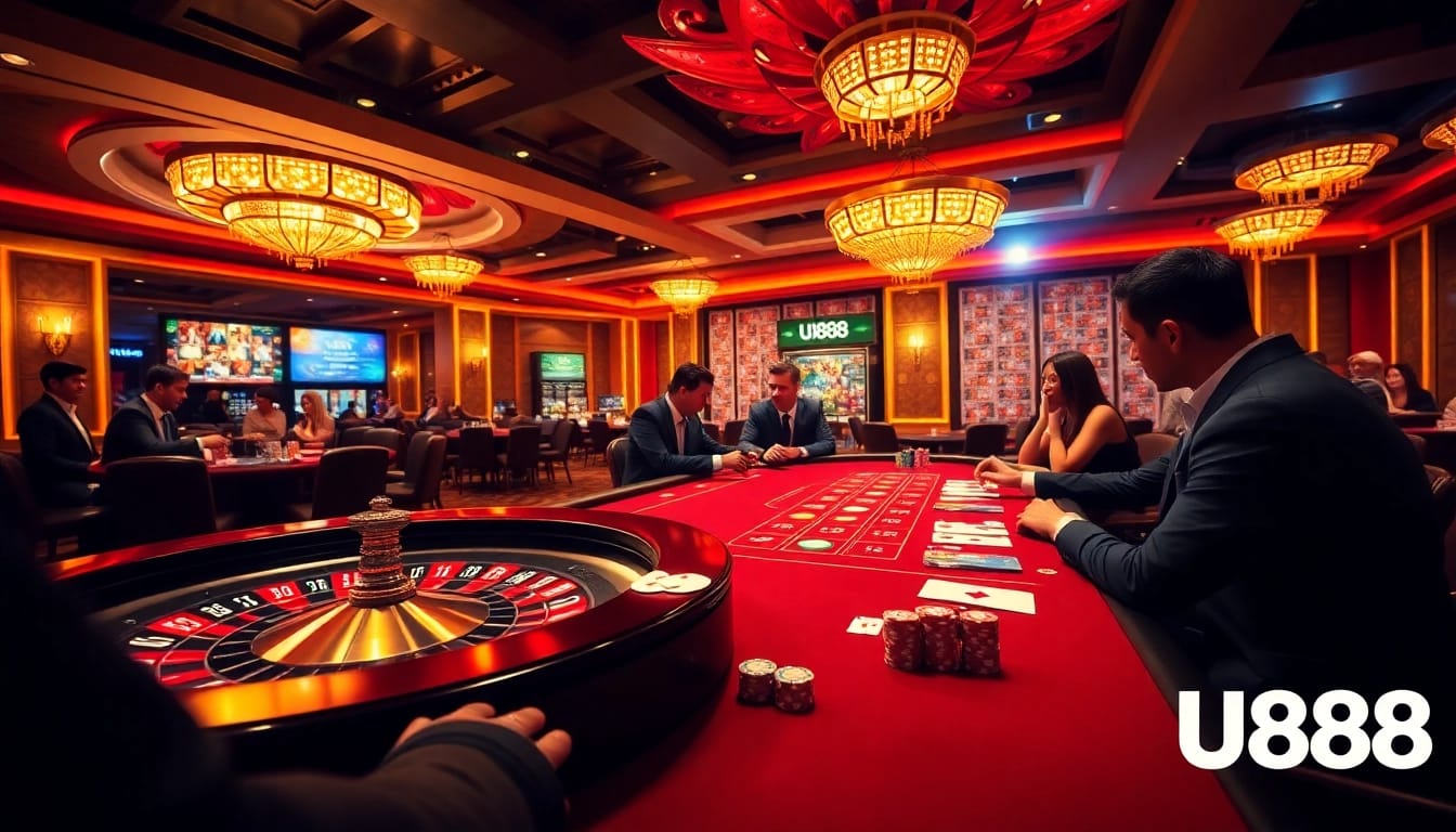 Engaging players at a U888 casino table with roulette and high-stakes action.