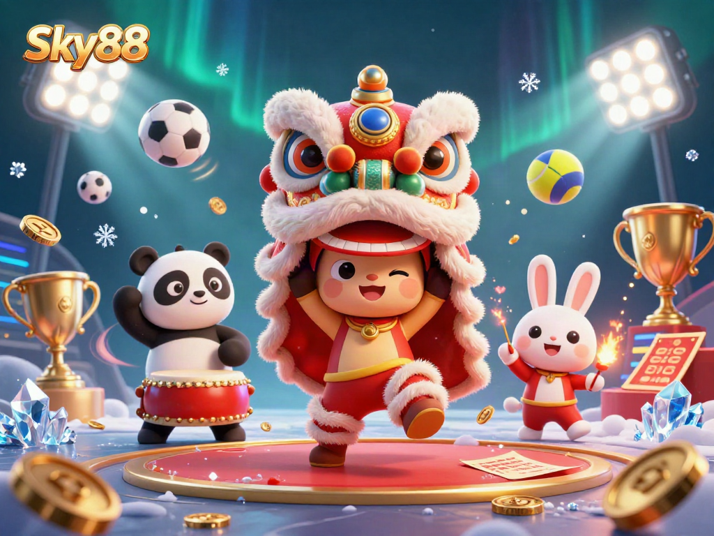 Engage in thrilling games at Sky88 with cartoon characters celebrating, surrounded by vibrant casino elements.