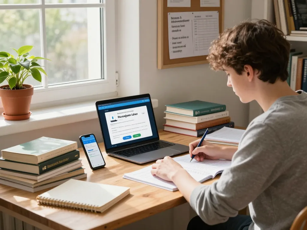 Student nutzt einen Hausaufgaben Löser online in einem gemütlichen Arbeitszimmer zur Unterstützung bei den Hausaufgaben.