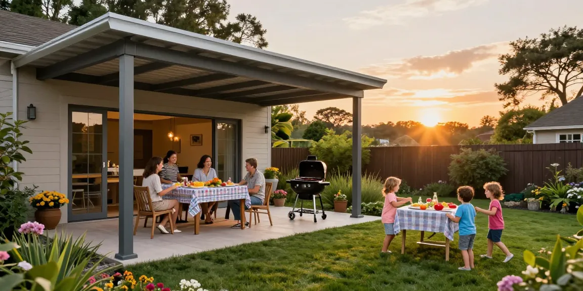 Moderne Terrassenüberdachungen in einem einladenden Garten mit Familie beim Grillen.