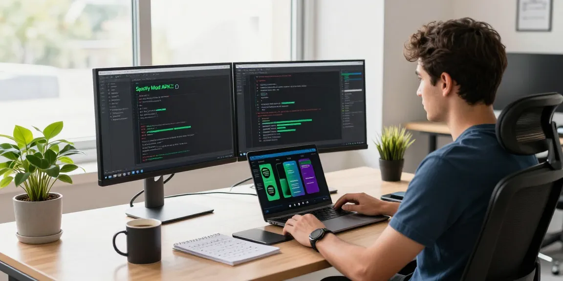 Developer demonstrating spotify mod features in a modern office.
