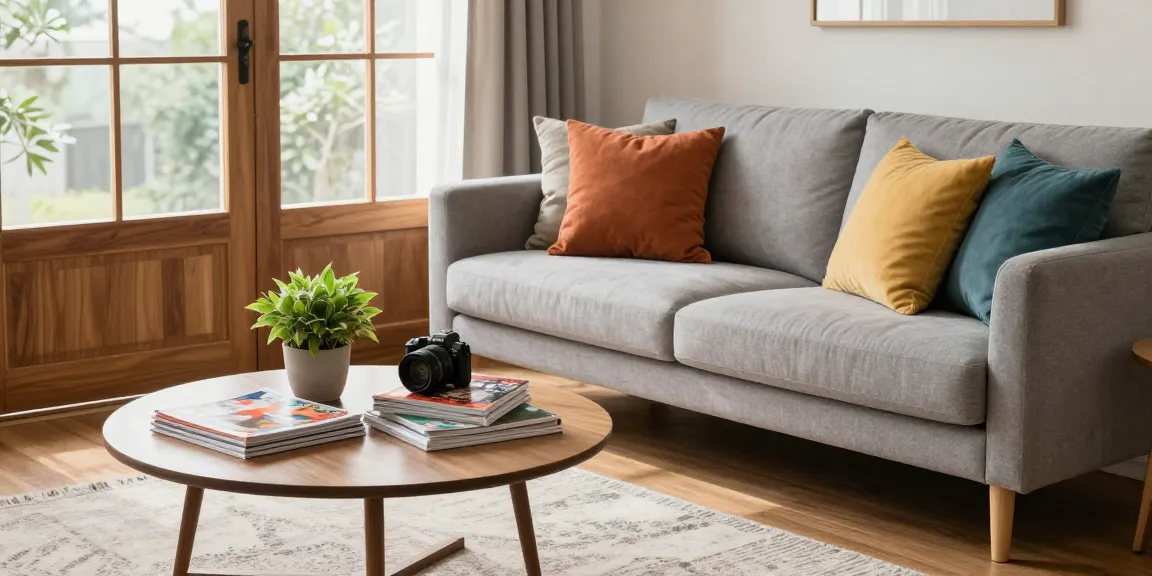 Günstige Möbel online in einem modernen Wohnzimmer mit einem grauen Sofa und natürlichem Licht.