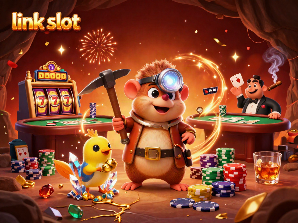 Experience the thrill of link slot gaming with vibrant characters and casino elements.