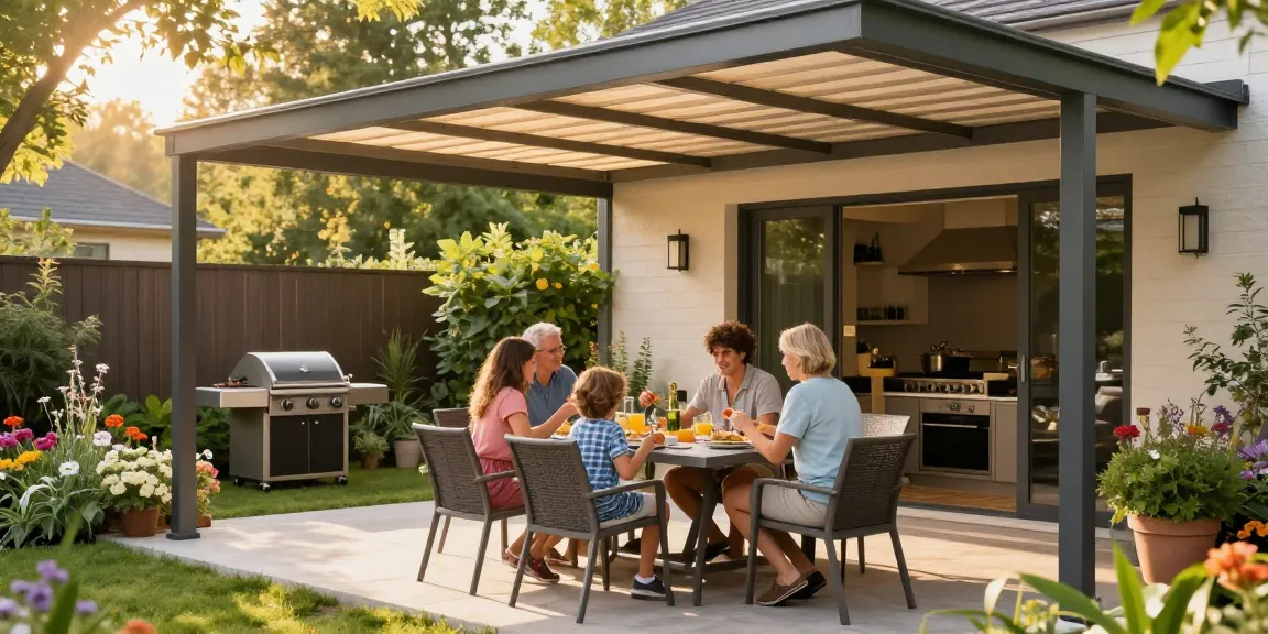 Moderne Terrassenüberdachung sorgt für gemütliches Beisammensein im Garten.