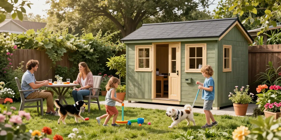 Gartenhaus kaufen - Familie genießt ihren Garten mit neuem Gartenhaus und blühenden Pflanzen.