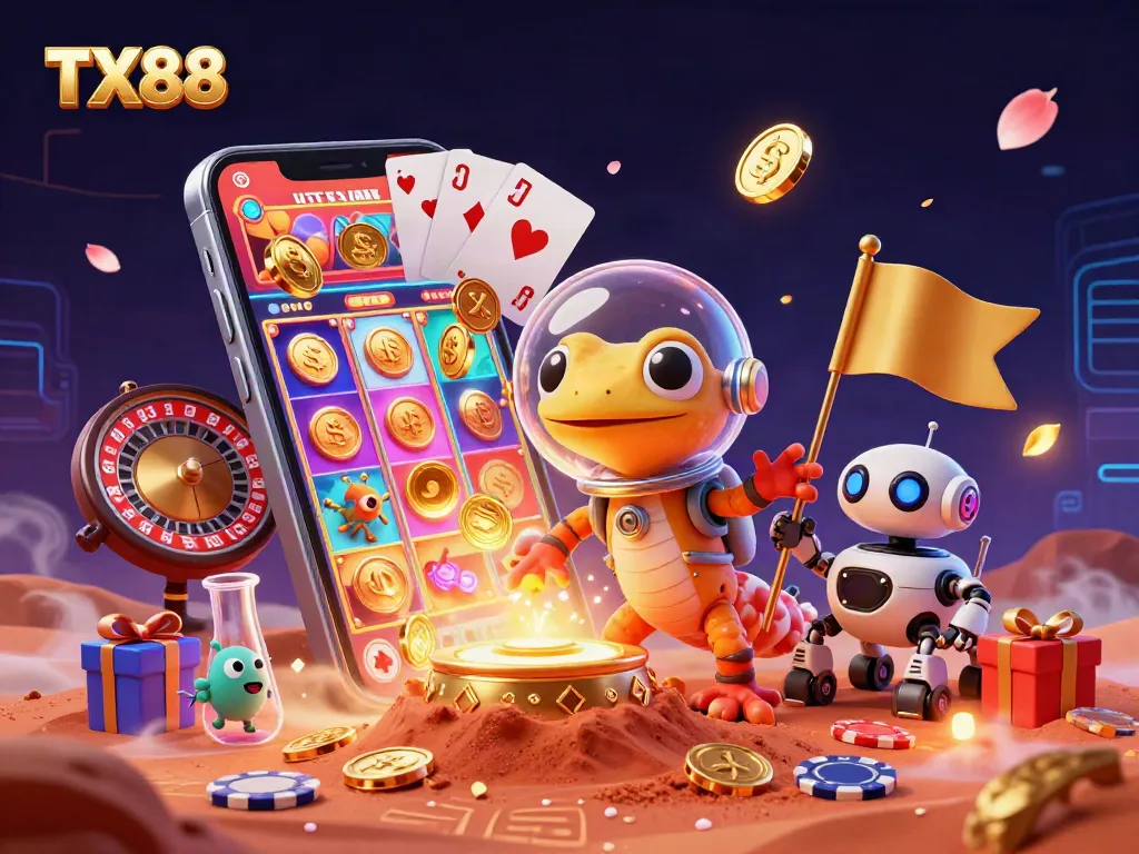Engage in TX88's golden casino adventure with a Martian gecko, vibrant gameplay elements, and festive atmosphere.