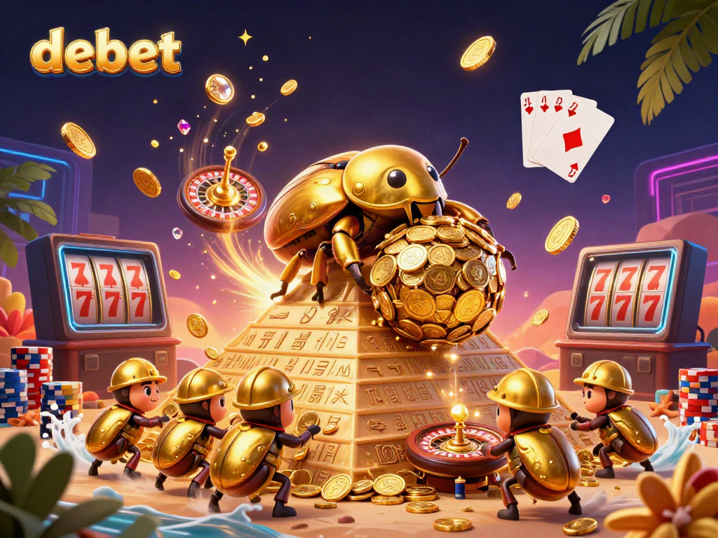 Engage in thrilling gameplay at debet, witnessing a golden beetle rolling coins amidst a vibrant casino scene.