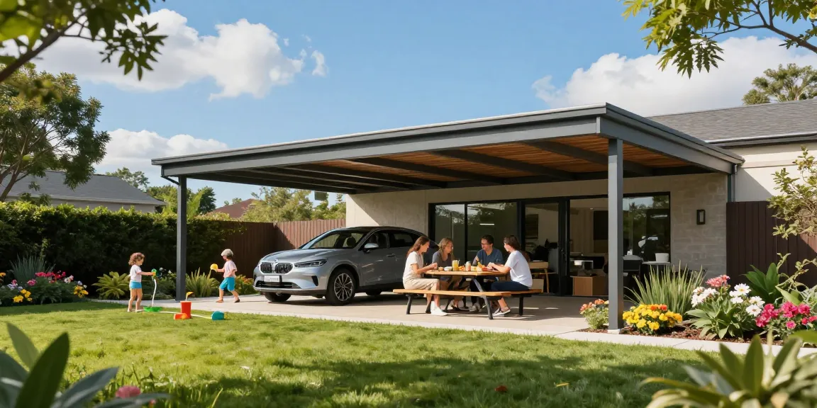 Moderner Carport mit einer Familie im Garten, die den Schatten genießt.
