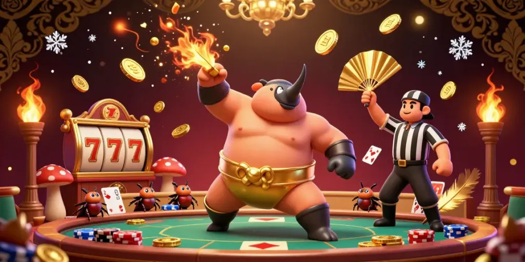 Engage in thrilling gameplay at uk88 with a dynamic 3D gambling scene featuring a champion beetle and flying coins.