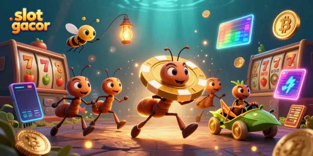 Experience thrilling action with slot gacor as cartoon ants execute their heist, surrounded by vibrant casino elements.