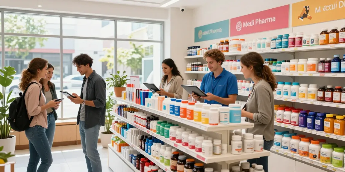 Einkäufer erkunden den modernen Medi Pharma Shop mit lebhaften Gesundheitsprodukten.