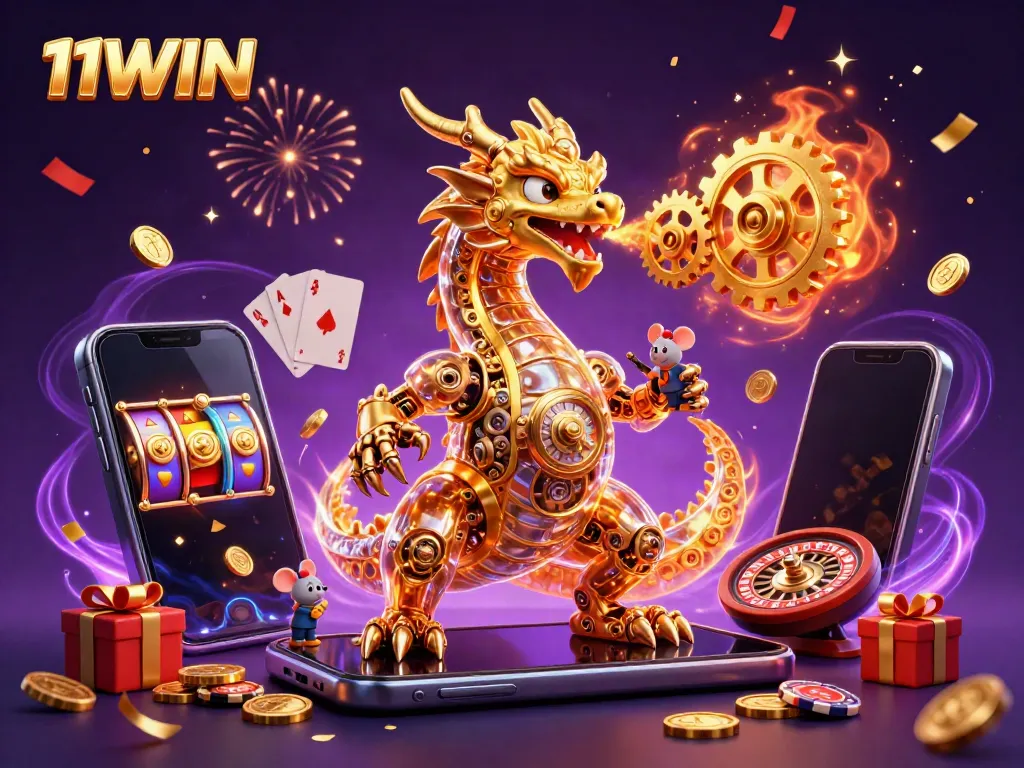 Experience thrill and excitement at 11WIN with a dynamic illustration of casino elements in action.