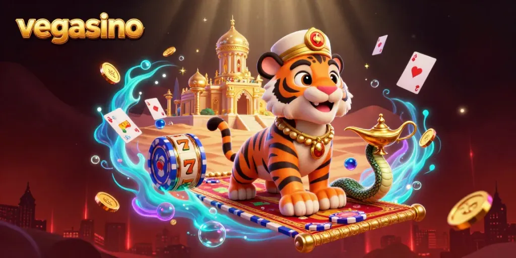 Experience the vibrant world of vegasino with a dynamic casino scene showcasing a sultan on a flying carpet, rich in gaming elements.