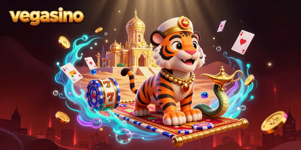 Experience the vibrant world of vegasino with a dynamic casino scene showcasing a sultan on a flying carpet, rich in gaming elements.