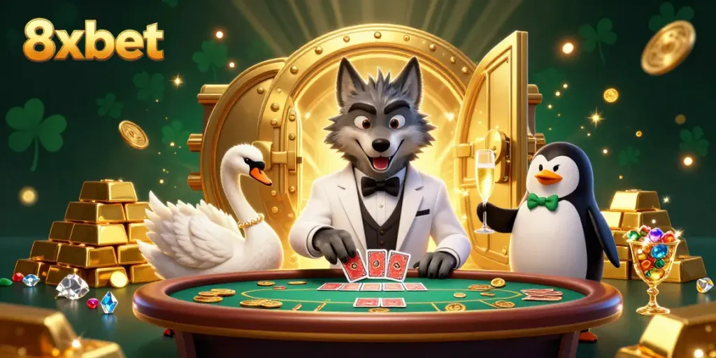 Engage in thrilling baccarat at 8xbet with a debonair wolf and elegant swan dealer.