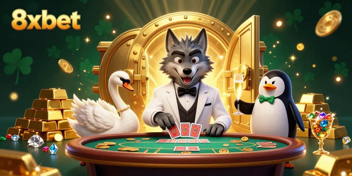 Engage in thrilling baccarat at 8xbet with a debonair wolf and elegant swan dealer.