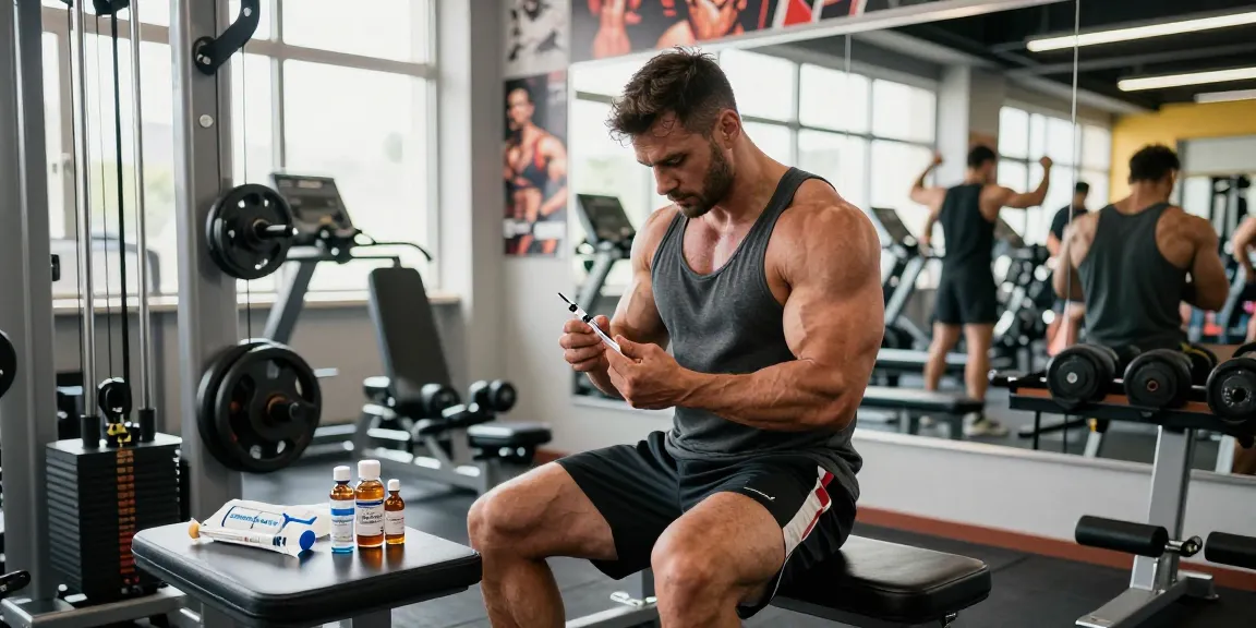 Bodybuilder bereitet anabole Steroide in einem modernen Fitnessstudio vor und zeigt das Thema Anabolika Shop.