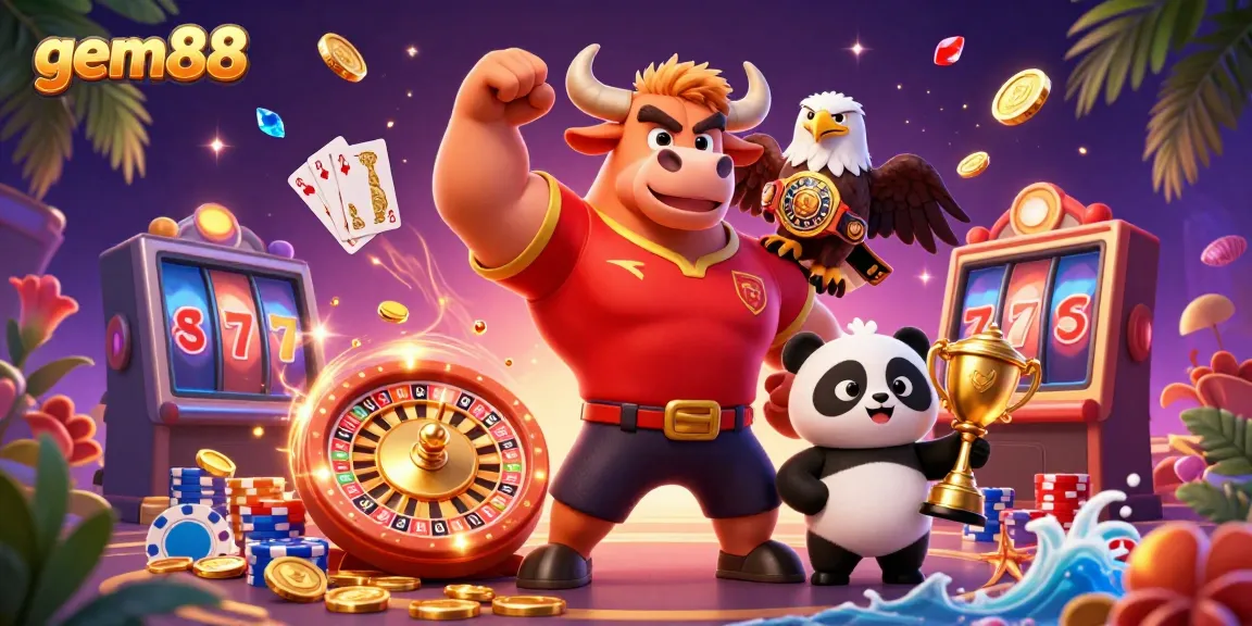 Experience the thrill of online gambling with gem88 featuring a victorious bull mascot, eagle, and cheerful panda.