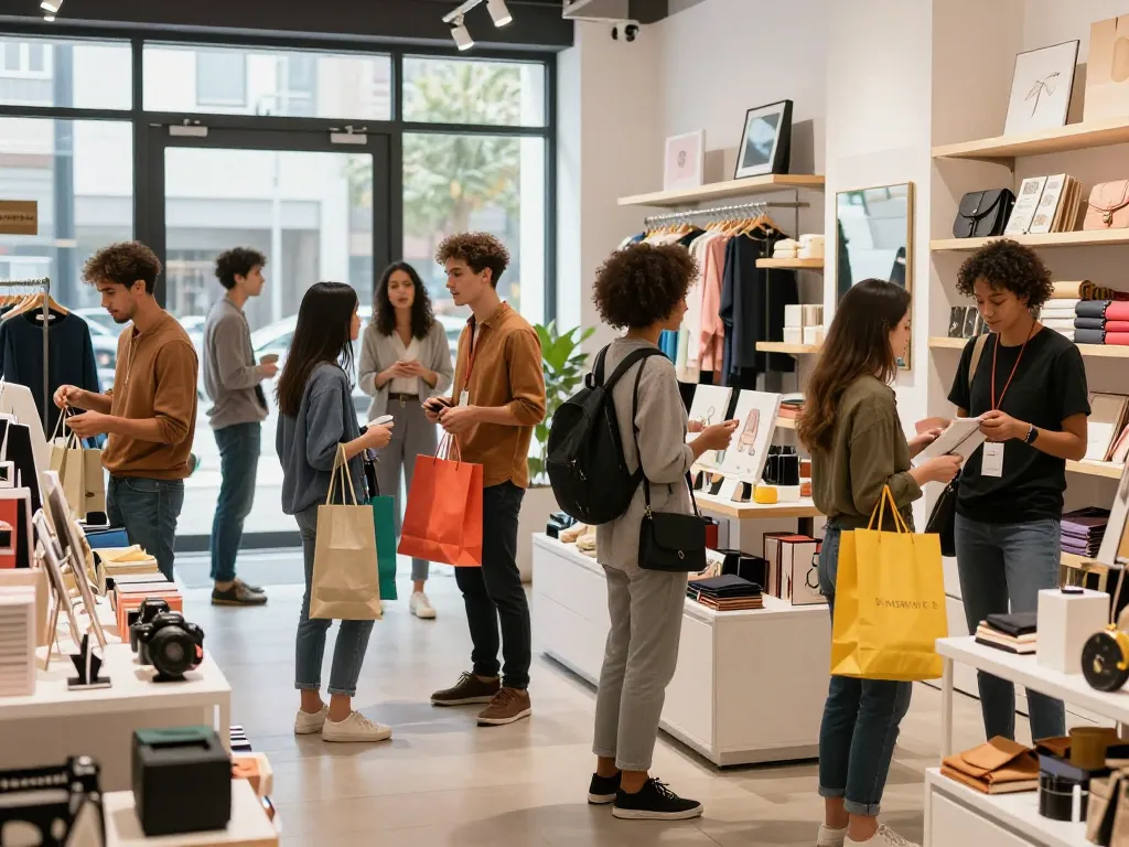 Sofort Lieferbar Einkaufsszene mit verschiedenen Kunden, die interagieren und stilvolle Produkte in einem modernen Einzelhandelsgeschäft durchstöbern.
