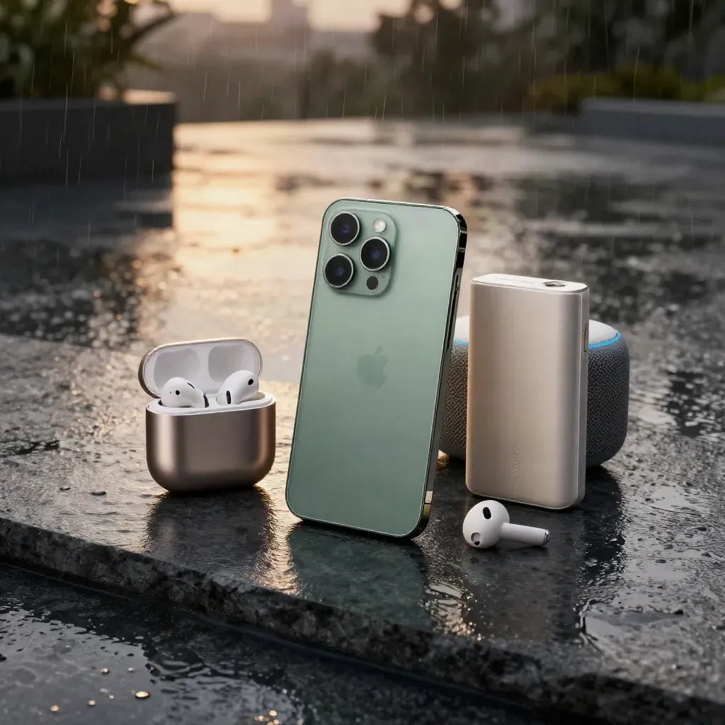 Smartphone, Earbuds, Lautsprecher und Powerbank auf nasser Schieferterrasse im Sommerregen