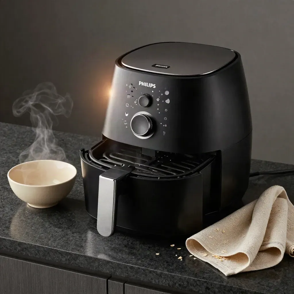 Offener Airfryer mit Schüssel und Leinentuch auf dunklem Stein, dampfend und dramatisch beleuchtet