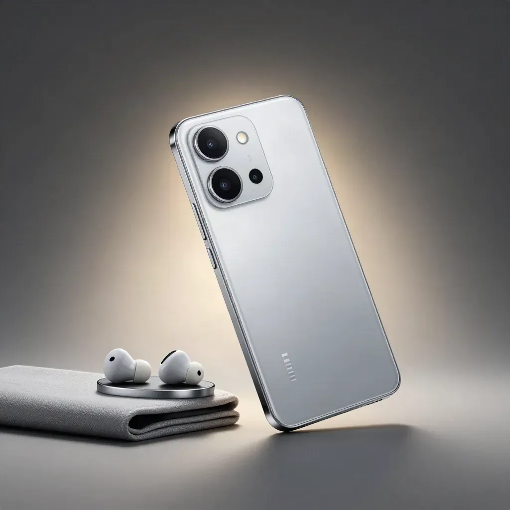 Schwebendes Xiaomi Redmi Note 13 mit Earbuds, Ladepuck und Stoffhülle im Studio.