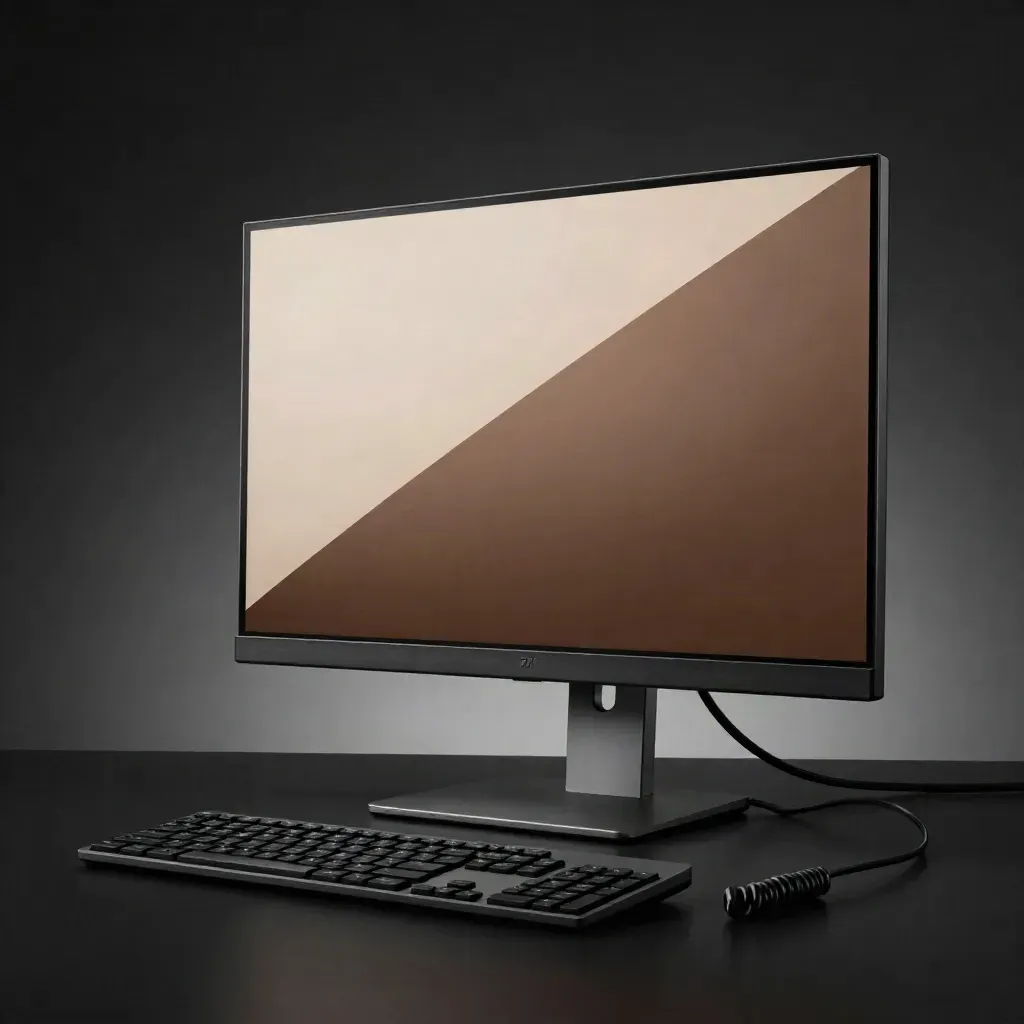 Schwarzer 27-Zoll-Monitor mit Tastatur und Kabel auf dunklem Studiohintergrund.