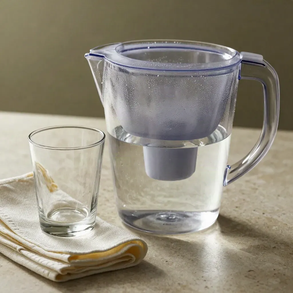 Close-up einer Brita Marella-Kanne, Glas und Tuch auf hellem Stein mit Wassertropfen.
