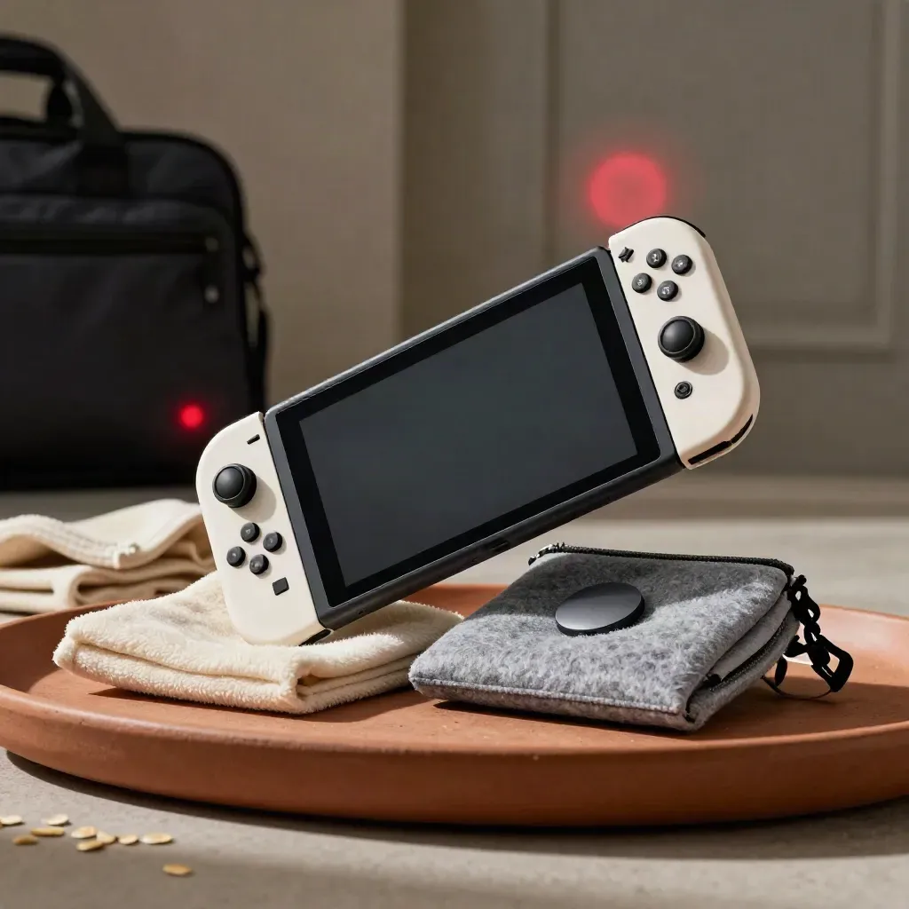 Coralfarbene Switch Lite zwischen Filzhüllen und Ladepuck in warmer Terrakotta-Umgebung.