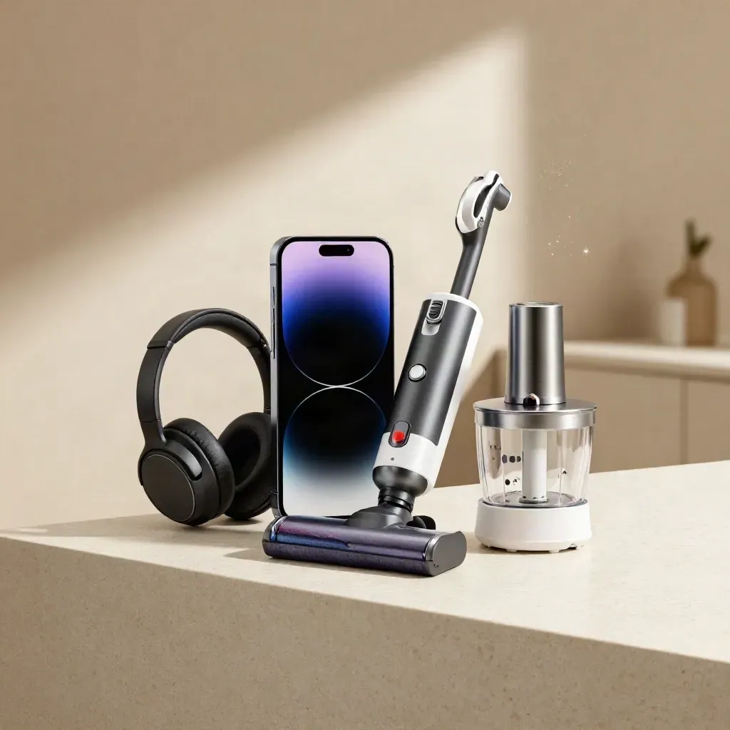 Technik-Deals mit Smartphone, Kopfhörern, Staubsauger und Küchenhelfer auf hellem Stein.
