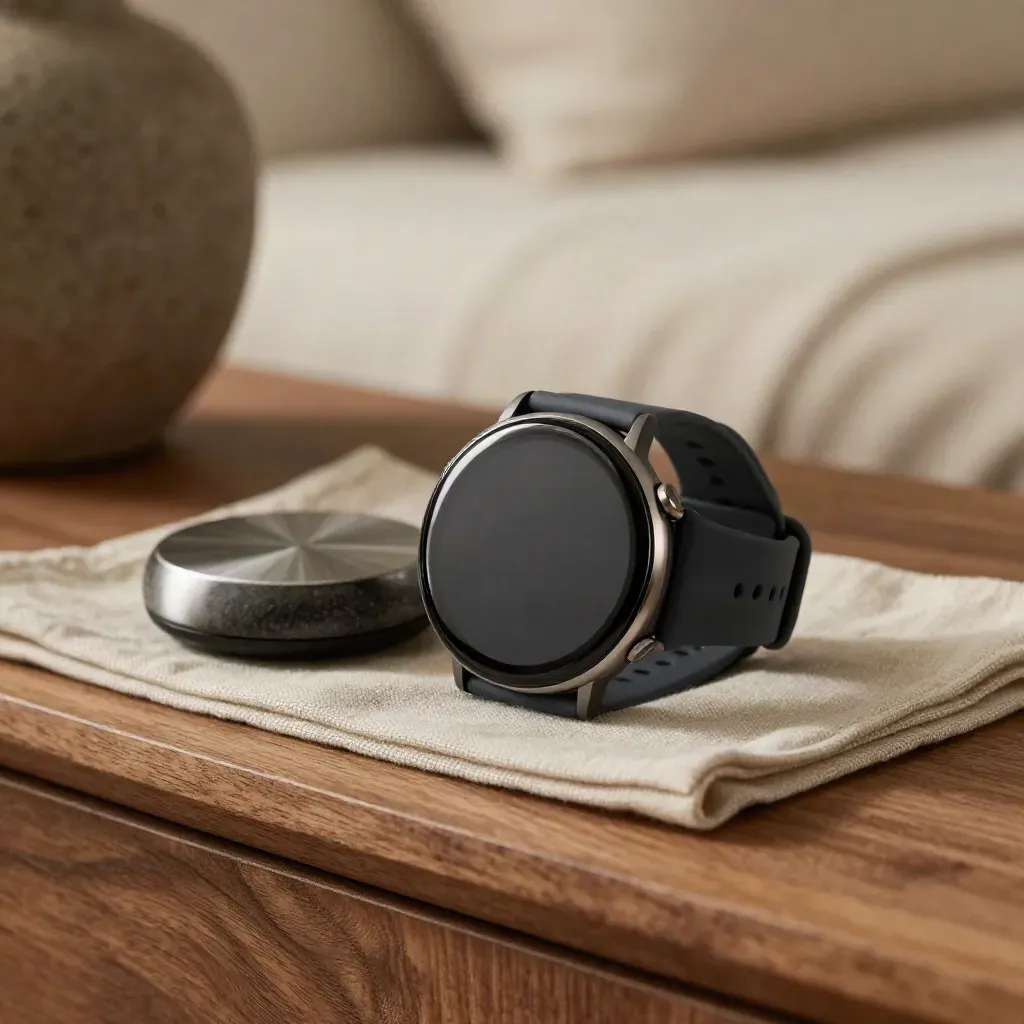 Amazfit Bip 5 auf Leinenfalte mit Ladepuck und Kiesel, weich und edel beleuchtet.
