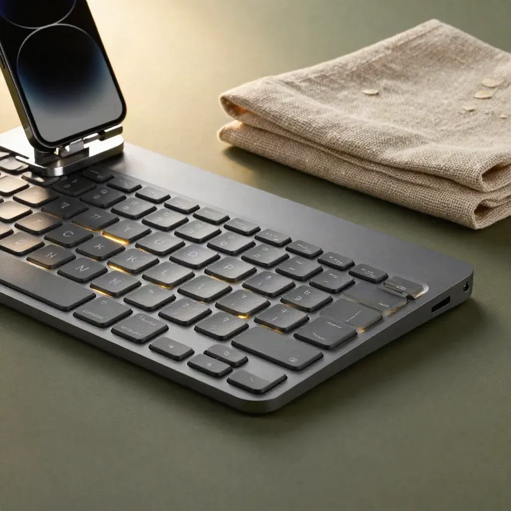 Makro von Bluetooth-Tastatur, Handyhalter und Leinenstoff in edlem Licht