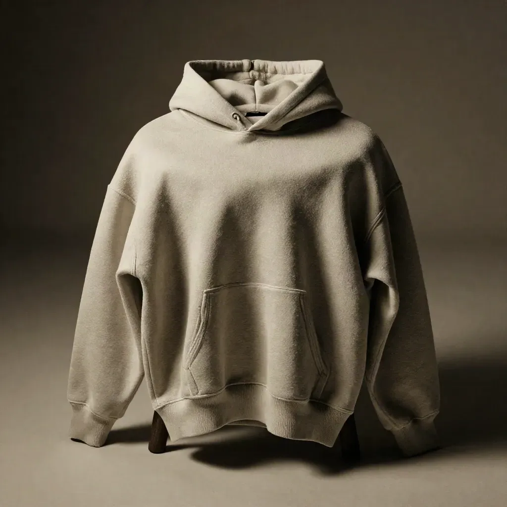 Grauer Kapuzenpullover auf einem Hocker, weich seitlich beleuchtet, mit leichtem Dunst.