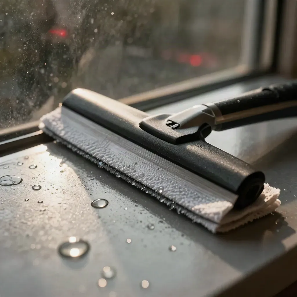 Fensterreiniger mit Wischlippe und Tropfen auf nasser Glasfläche im Nahbild