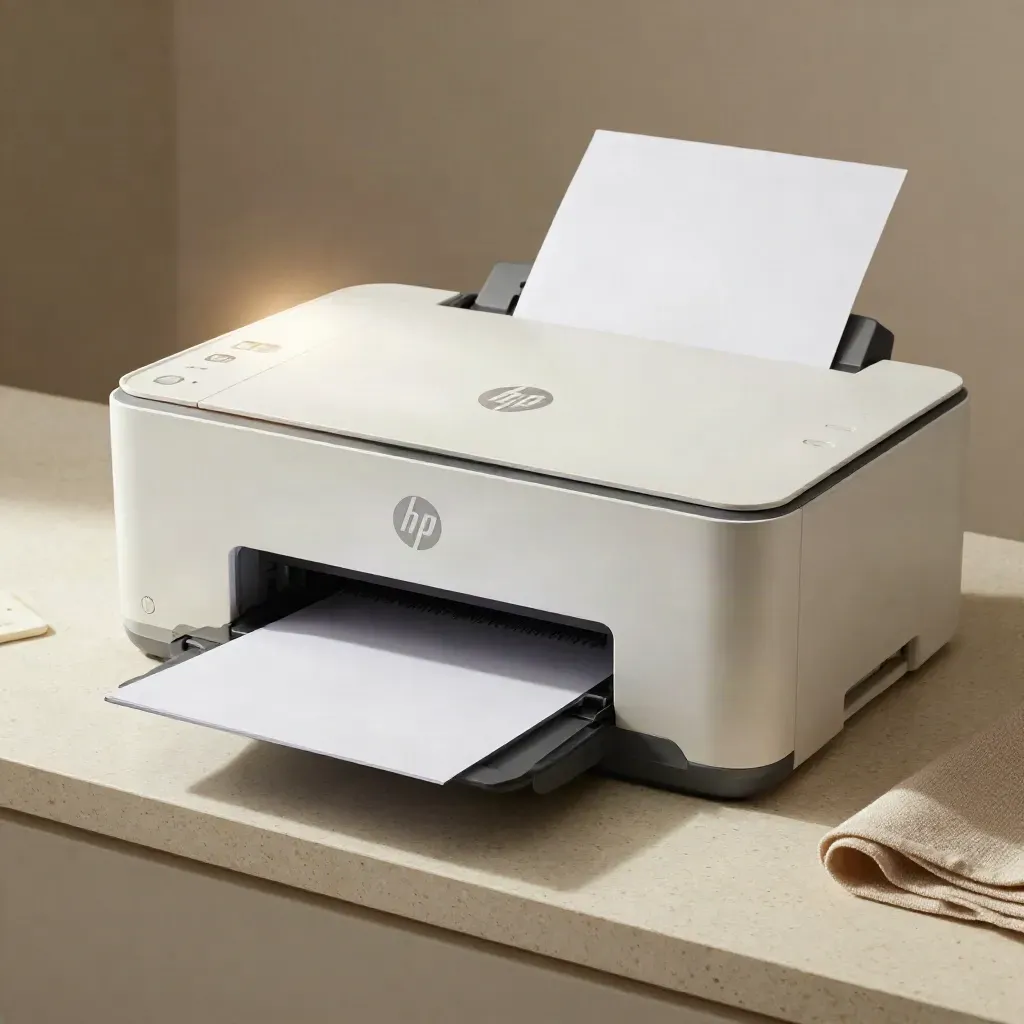 Weißer Drucker auf Travertin mit Papierstapel und weichem Studiolicht