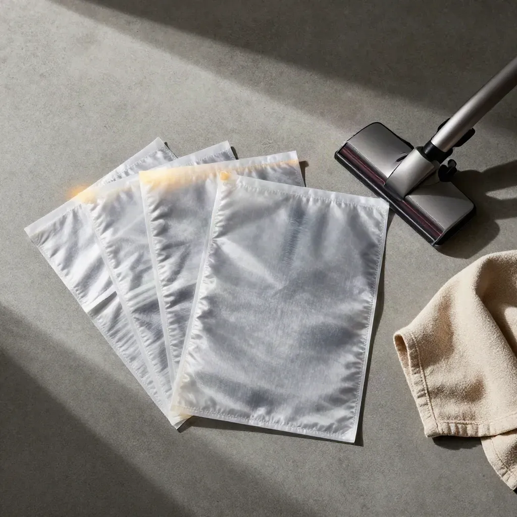 Staubsaugerbeutel-5er-Pack mit Saugkopf und Tuch auf Beton, von oben arrangiert