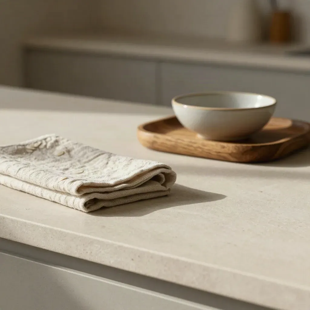 Pale Steinküche mit gefaltetem Tuch, Holzschale und sanftem Licht.