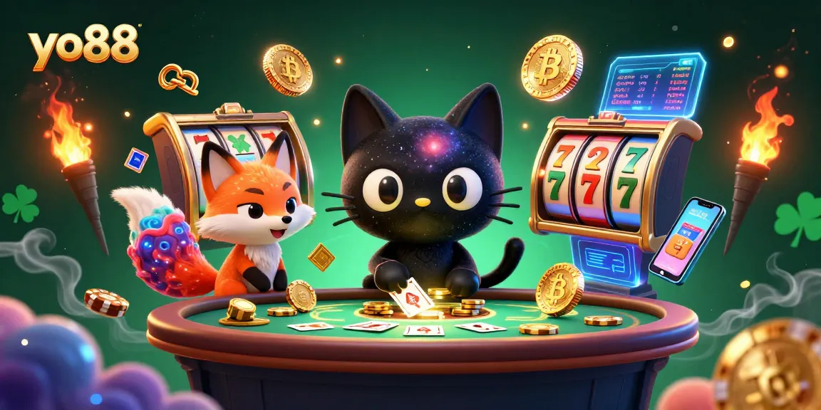 Play exciting games at yo88 with a cosmic casino illustration featuring a black hole cat.